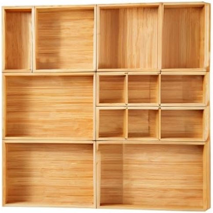 Fabsome Drawer Organizer, Set of 9 Bamboo Wood Kitchen Makeup Desk Junk Tea Drawer Storage Boxes Bins for Cutlery Silverware Utensils Flatware, Small Wooden Container Tray for Bathroom, Office