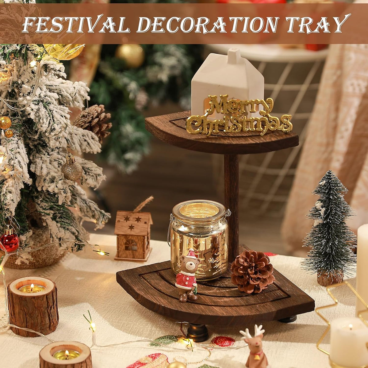 Wood Riser for Decor, 2-Tier Farmhouse Display Riser Counter Shelf