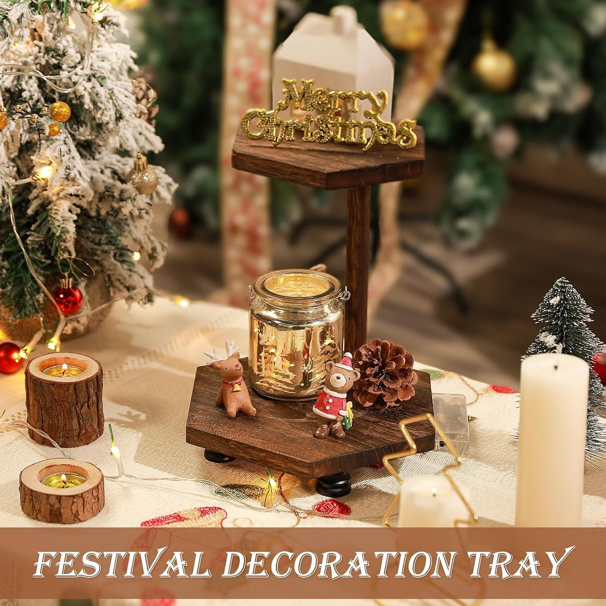 Wood Riser for Decor, 2-Tier Farmhouse Display Riser Counter Shelf