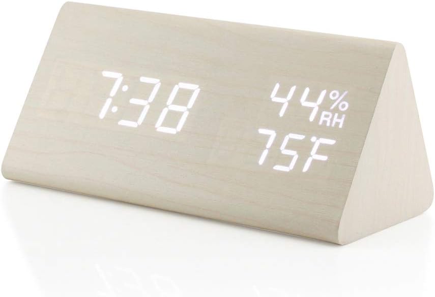 OCT17 Wooden Alarm Clock, Smart LED Digital Clock for Bedroom/desks, Upgraded with Time Temperature, Adjustable Brightness and Voice Control, Humidity Displaying - Black