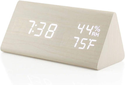 OCT17 Wooden Alarm Clock, Smart LED Digital Clock for Bedroom/desks, Upgraded with Time Temperature, Adjustable Brightness and Voice Control, Humidity Displaying - Black