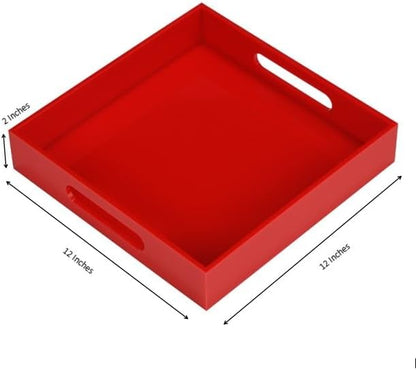 KEVLANG Glossy White Sturdy Acrylic Serving Tray with Handles-12x20 Inch-Serving Coffee Appetizer Breakfast-Kitchen Countertop Makeup Drawer Organizer-Vanity Table Ottoman Decorative Tray