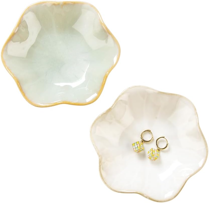 Ring Dish, Kiln Glaze Jewelry Trinket Tray, Gifts for Women I Lotus Leaf Necklace Earrings Holder on Nightstand Bathroom, Ceramic Cute Key Bowl, White. All Jewelries Are NOT Included.