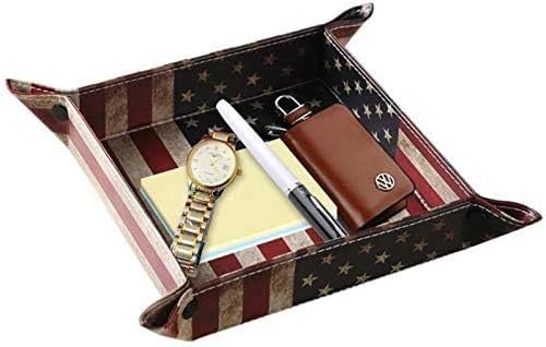 Valet Tray Desktop Storage Organizer – Vegan Leather Catchall Bedside Vanity Tray Nightstand Caddy Holder for Remote Controller, Watch, Keys, Phone, Wallet, Coin, Jewelry (Orange/Black)