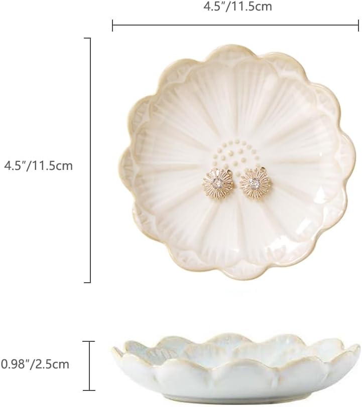 Ring Dish, Kiln Glaze Jewelry Trinket Tray, Gifts for Women I Lotus Leaf Necklace Earrings Holder on Nightstand Bathroom, Ceramic Cute Key Bowl, White. All Jewelries Are NOT Included.
