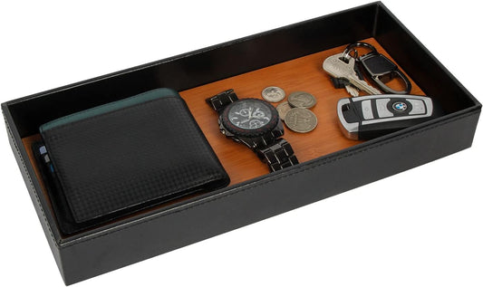 Leather Bamboo Valet Tray for Men, Catch All Trays for Key, Phone, Wallet, Coin, Sunglasses, EDC Dump Storage (Black) - MK205A