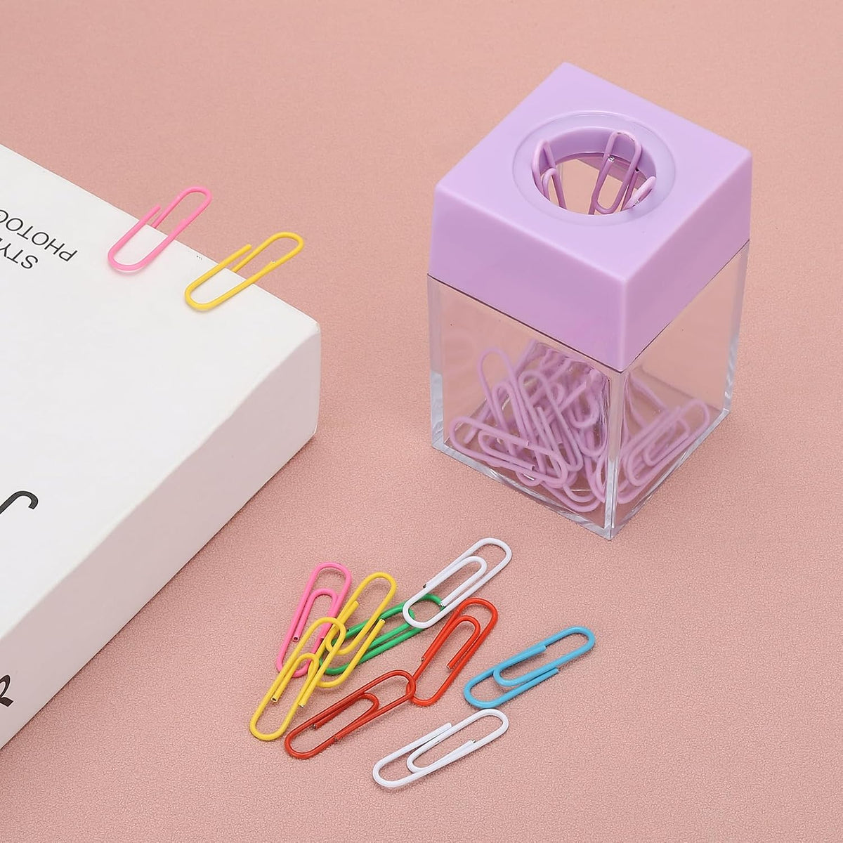 Magnetic Paper Clip Holder Dispenser, Large Capacity Paper Clip Organizers with Magnetic Top for Desk Supplies, Office, Classroom, Home, Purple