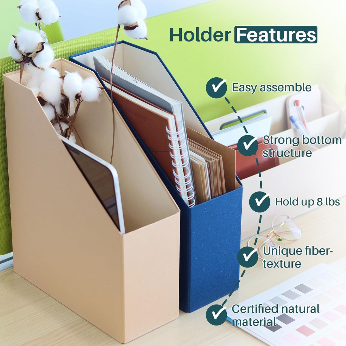 Magazine Holder - File Holder and Desk Organizer, Paperboard Book Organizer and Storage Box for Documents, Magazine Holder Rack for Classroom, Home, and Office (Leaf Green)
