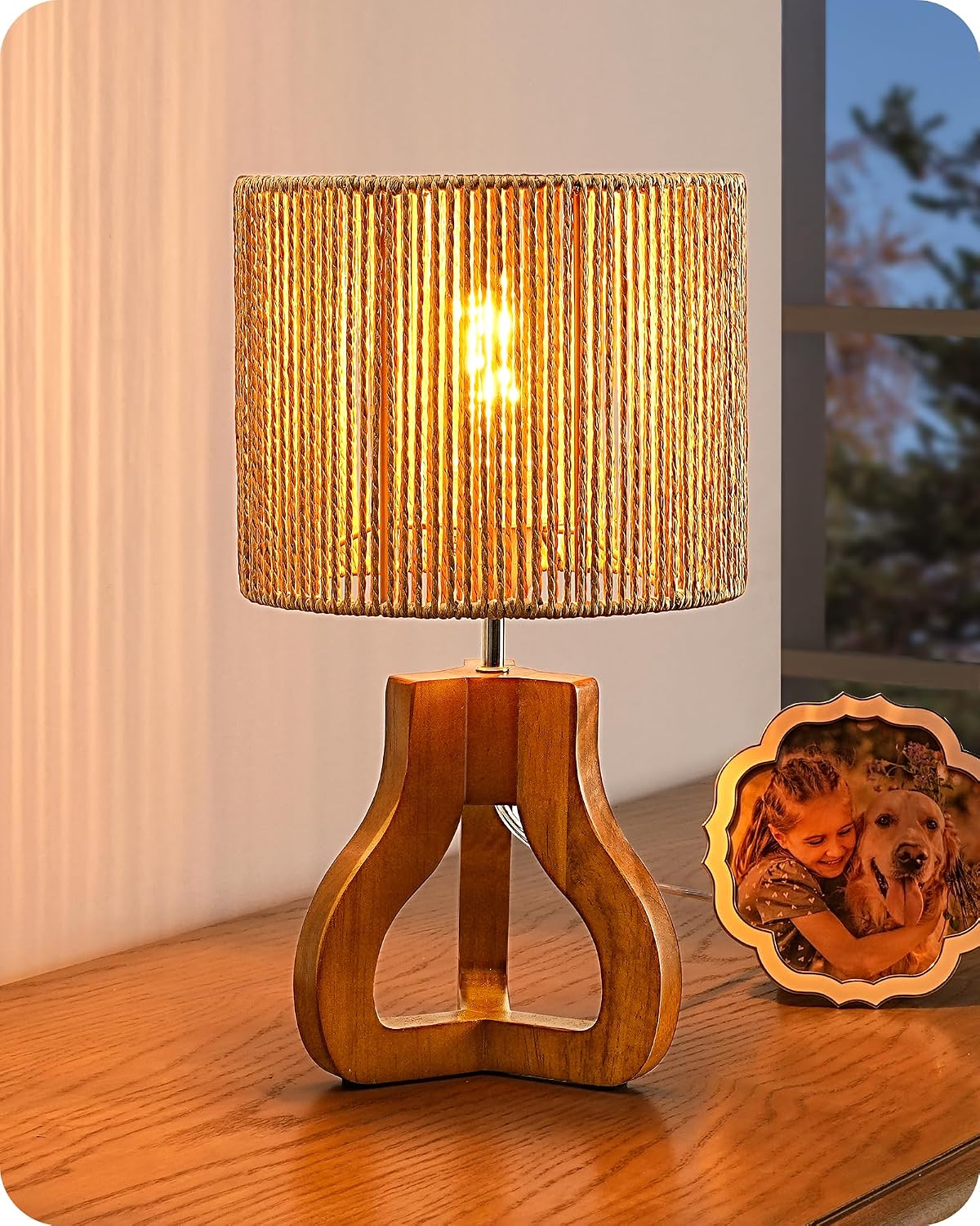 Small Table Lamp, Rose Wood Base, Handwoven Paper Rope Shade, E26