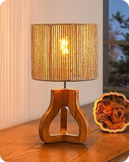 Small Table Lamp, Rose Wood Base, Handwoven Paper Rope Shade, E26