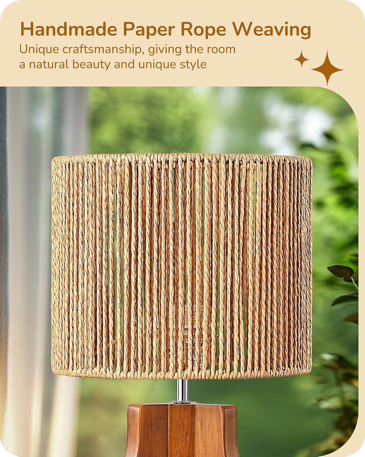 Small Table Lamp, Rose Wood Base, Handwoven Paper Rope Shade, E26