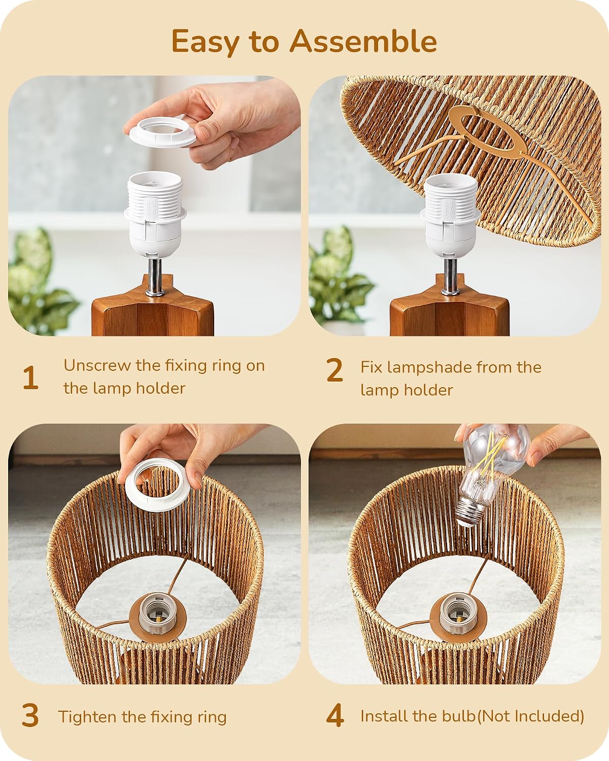 Small Table Lamp, Rose Wood Base, Handwoven Paper Rope Shade, E26