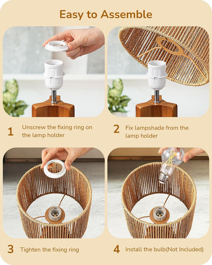Small Table Lamp, Rose Wood Base, Handwoven Paper Rope Shade, E26