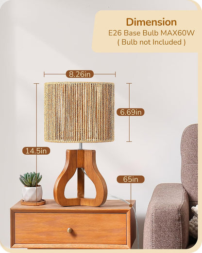 Small Table Lamp, Rose Wood Base, Handwoven Paper Rope Shade, E26