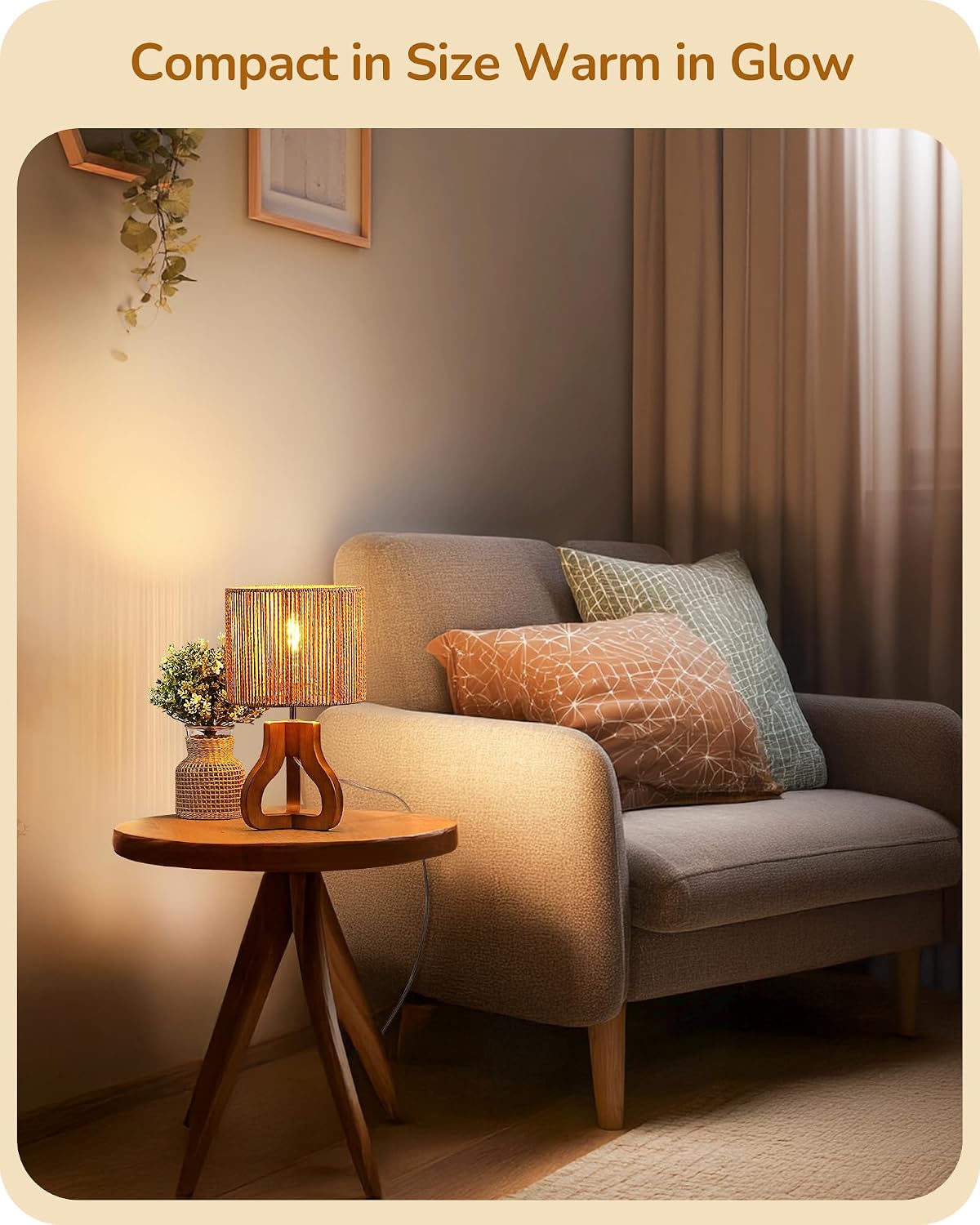 Small Table Lamp, Rose Wood Base, Handwoven Paper Rope Shade, E26