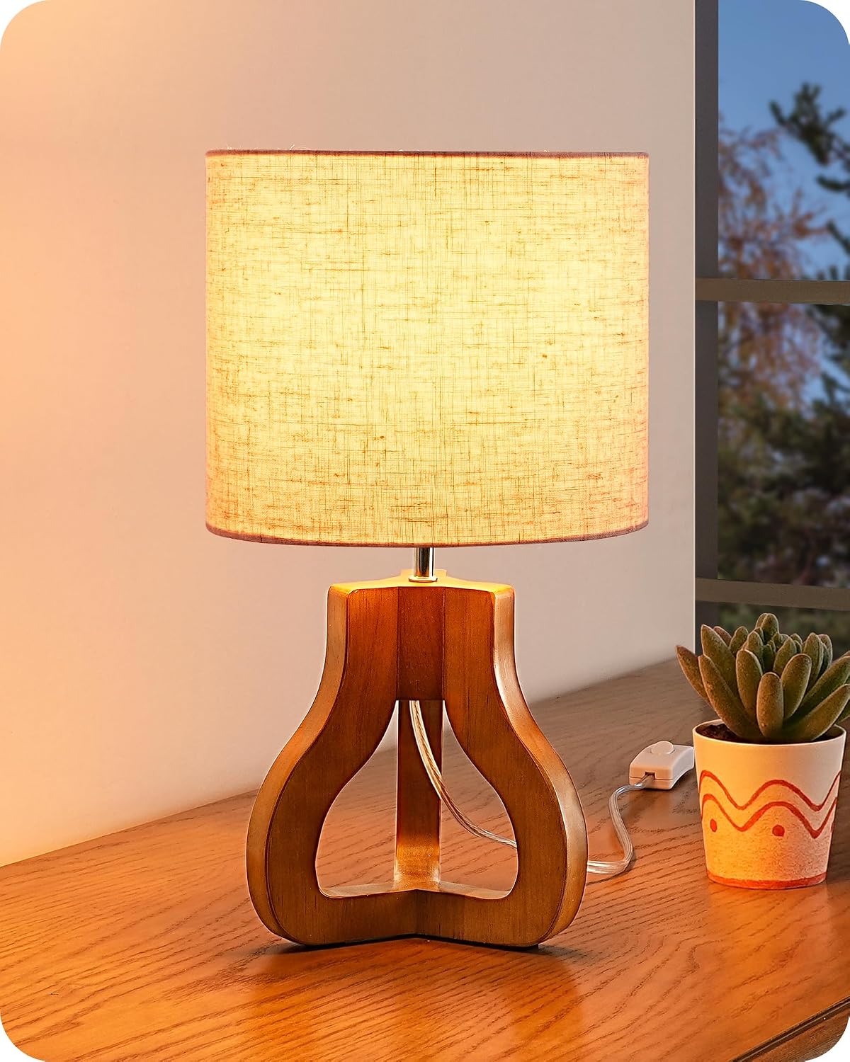 Small Table Lamp, Rose Wood Base, Handwoven Paper Rope Shade, E26