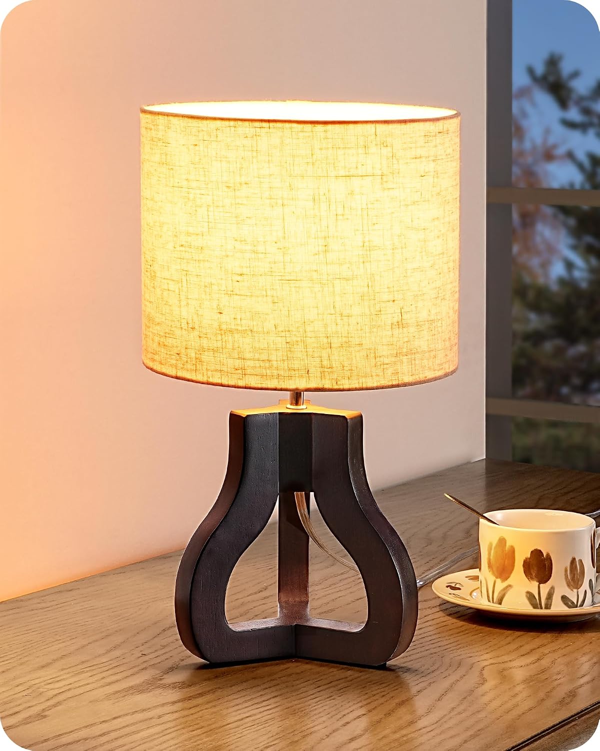 Small Table Lamp, Rose Wood Base, Handwoven Paper Rope Shade, E26
