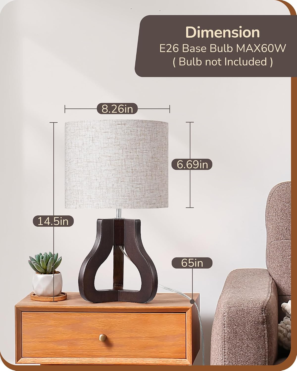 Small Table Lamp, Rose Wood Base, Handwoven Paper Rope Shade, E26
