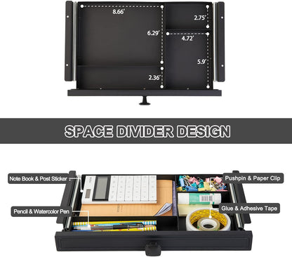 Under Desk Slide out Pencil Drawer with Space Divider Design for Storing Pencil and Office Accessories, Underdesk Pull out Tray Organizer Mounted for Sit Stand Workstation