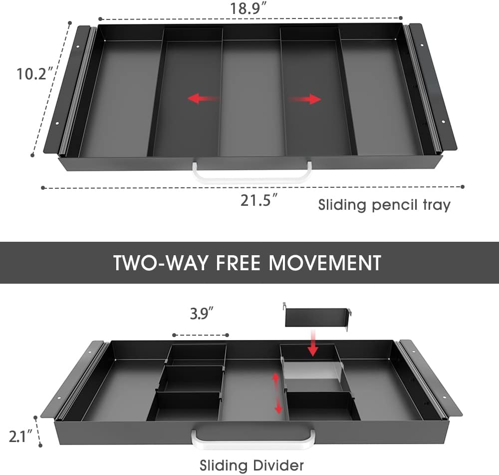 Under Desk Slide out Pencil Drawer with Space Divider Design for Storing Pencil and Office Accessories, Underdesk Pull out Tray Organizer Mounted for Sit Stand Workstation