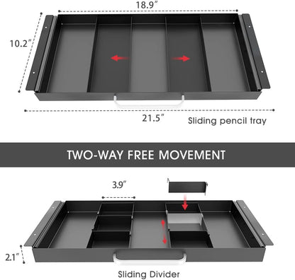 Under Desk Slide out Pencil Drawer with Space Divider Design for Storing Pencil and Office Accessories, Underdesk Pull out Tray Organizer Mounted for Sit Stand Workstation