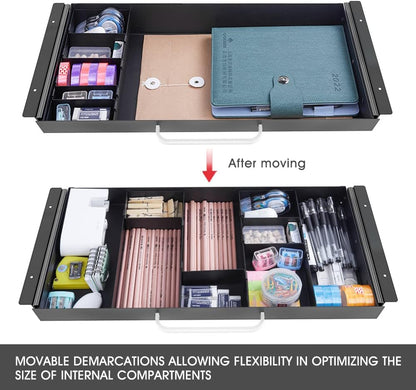 Under Desk Slide out Pencil Drawer with Space Divider Design for Storing Pencil and Office Accessories, Underdesk Pull out Tray Organizer Mounted for Sit Stand Workstation