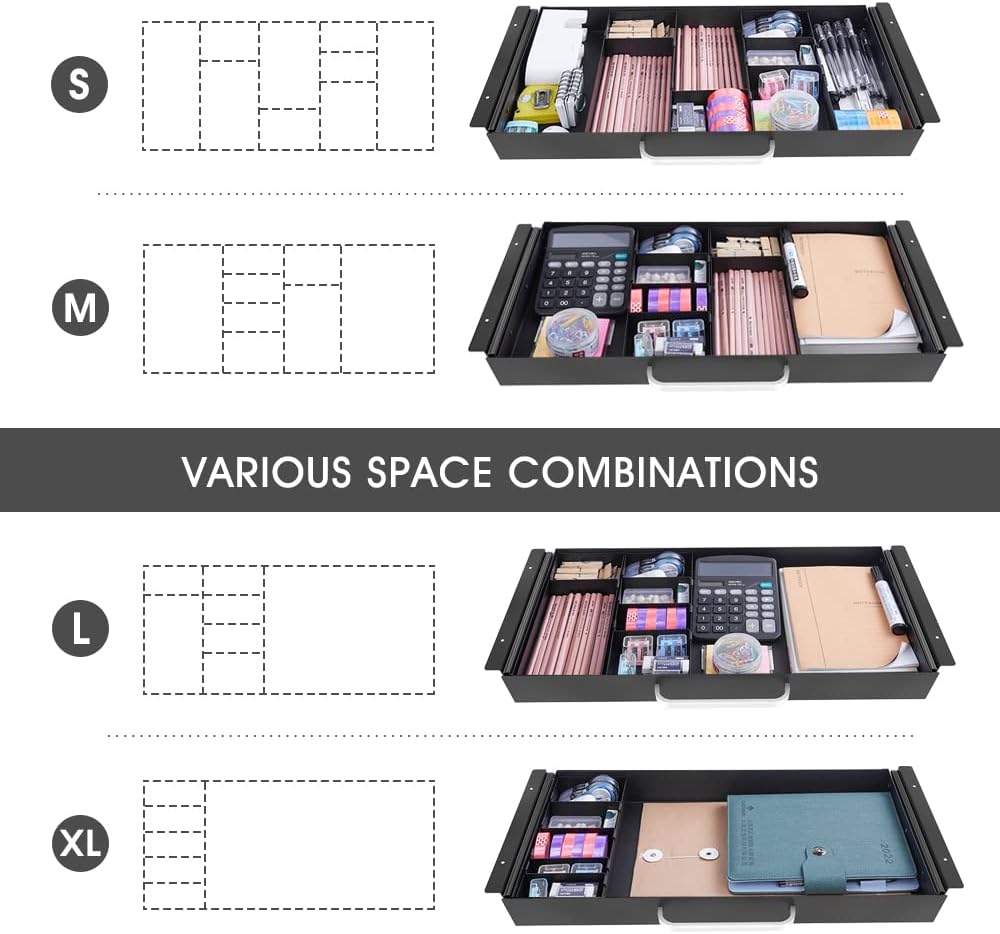 Under Desk Slide out Pencil Drawer with Space Divider Design for Storing Pencil and Office Accessories, Underdesk Pull out Tray Organizer Mounted for Sit Stand Workstation