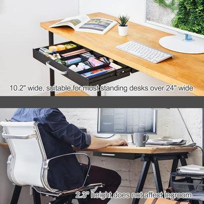Under Desk Slide out Pencil Drawer with Space Divider Design for Storing Pencil and Office Accessories, Underdesk Pull out Tray Organizer Mounted for Sit Stand Workstation