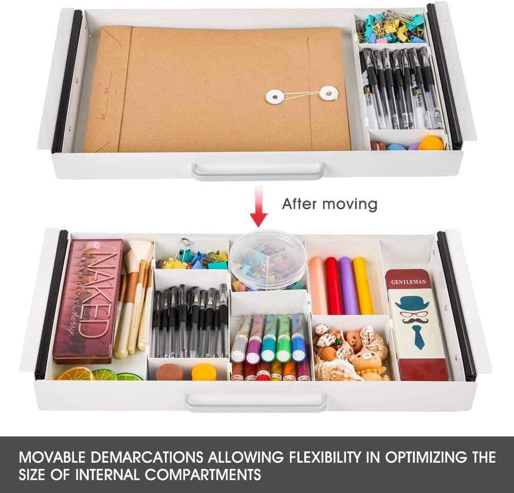 Under Desk Slide out Pencil Drawer with Space Divider Design for Storing Pencil and Office Accessories, Underdesk Pull out Tray Organizer Mounted for Sit Stand Workstation