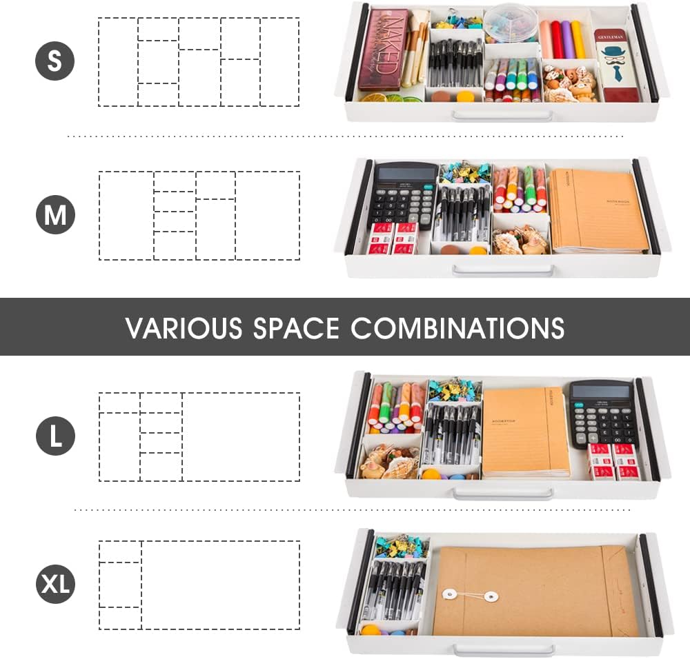 Under Desk Slide out Pencil Drawer with Space Divider Design for Storing Pencil and Office Accessories, Underdesk Pull out Tray Organizer Mounted for Sit Stand Workstation