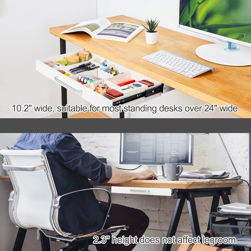 Under Desk Slide out Pencil Drawer with Space Divider Design for Storing Pencil and Office Accessories, Underdesk Pull out Tray Organizer Mounted for Sit Stand Workstation