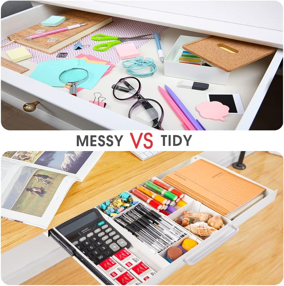 Under Desk Slide out Pencil Drawer with Space Divider Design for Storing Pencil and Office Accessories, Underdesk Pull out Tray Organizer Mounted for Sit Stand Workstation