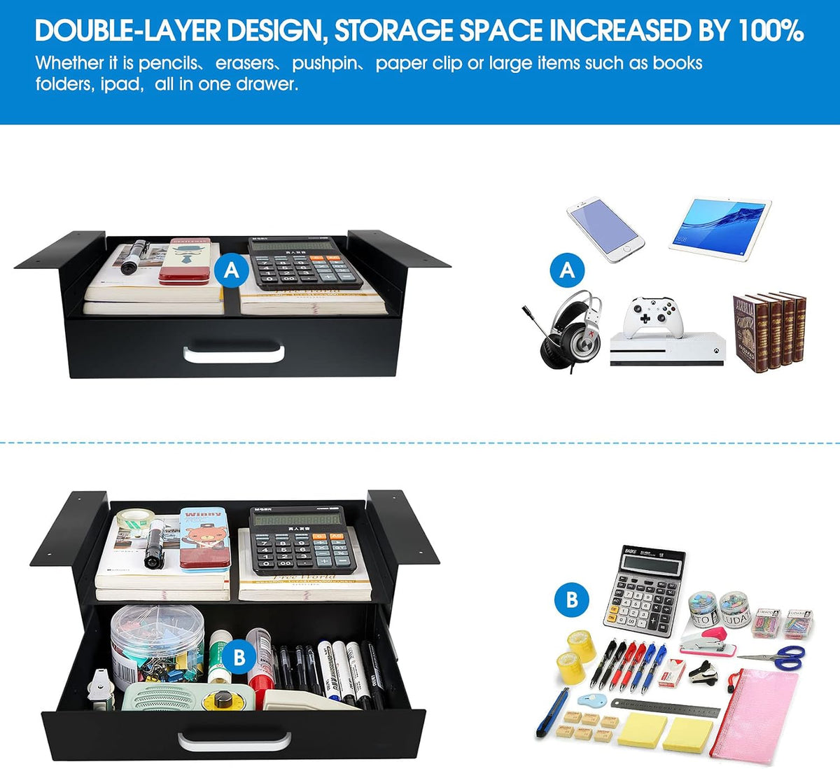 Under Desk Slide out Pencil Drawer with Space Divider Design for Storing Pencil and Office Accessories, Underdesk Pull out Tray Organizer Mounted for Sit Stand Workstation