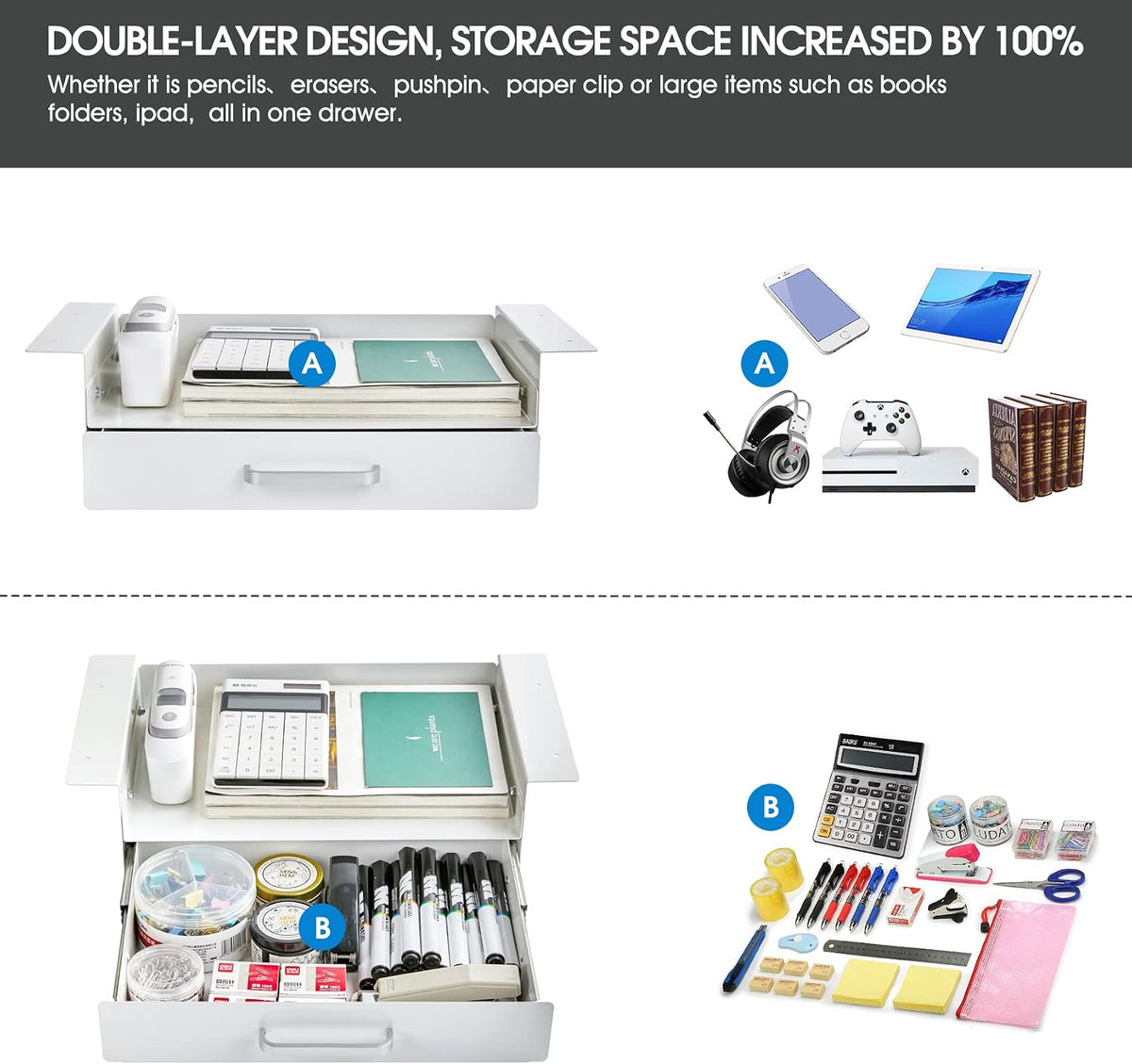 Under Desk Slide out Pencil Drawer with Space Divider Design for Storing Pencil and Office Accessories, Underdesk Pull out Tray Organizer Mounted for Sit Stand Workstation