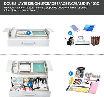 Under Desk Slide out Pencil Drawer with Space Divider Design for Storing Pencil and Office Accessories, Underdesk Pull out Tray Organizer Mounted for Sit Stand Workstation