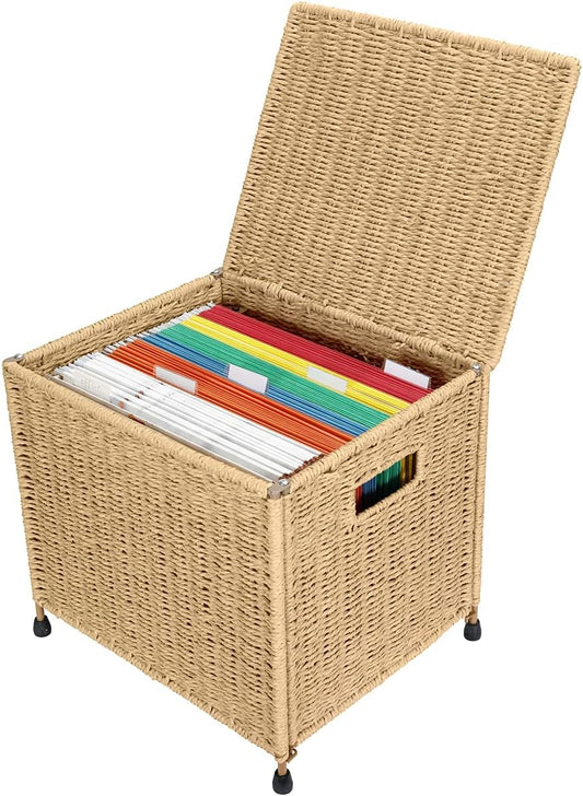 Seagrass File Filing Cabinet File Box Organizer | Collapsible Letter Size Hanging File Box Organizers with Lid | Decorative Seagrass Filing & Storage Office Box | Letter Size (Natural)