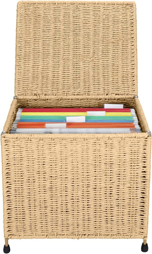 Seagrass File Filing Cabinet File Box Organizer | Collapsible Letter Size Hanging File Box Organizers with Lid | Decorative Seagrass Filing & Storage Office Box | Letter Size (Natural)