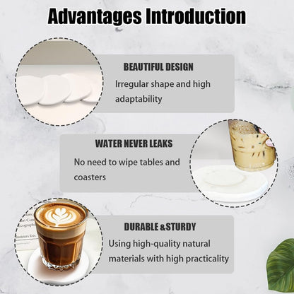 Diatomaceous Earth Coaster Set of 4, Unique Absorbent Stone Coaster, Irregular Shape Round Coasters, Modern Diatomaceous Earth Design Instant Dry Stone for Drinks, Table Desk at Work(White)