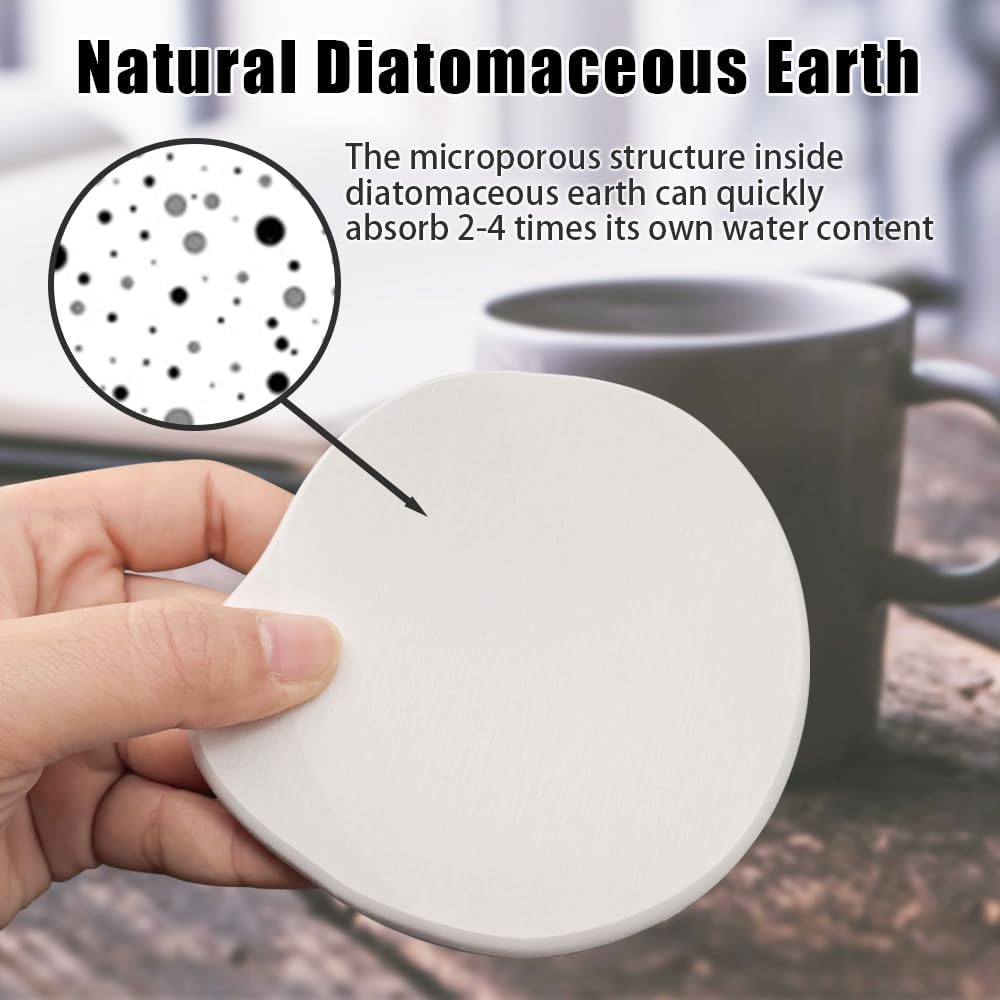 Diatomaceous Earth Coaster Set of 4, Unique Absorbent Stone Coaster, Irregular Shape Round Coasters, Modern Diatomaceous Earth Design Instant Dry Stone for Drinks, Table Desk at Work(White)