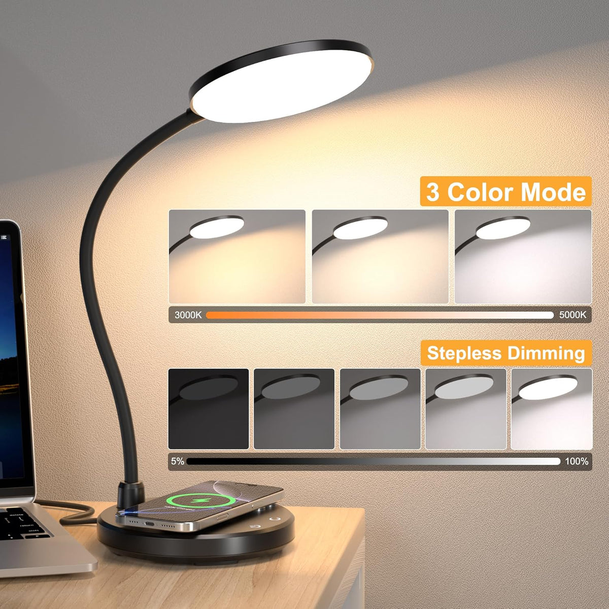 Wireless Charging Desk Lamp for Home Office, 800LM, CRI95+, Black