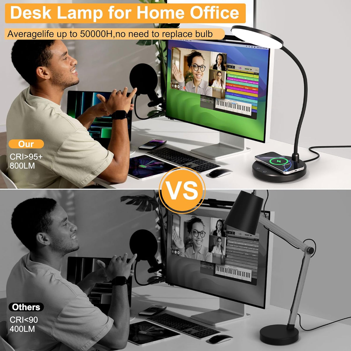 Wireless Charging Desk Lamp for Home Office, 800LM, CRI95+, Black