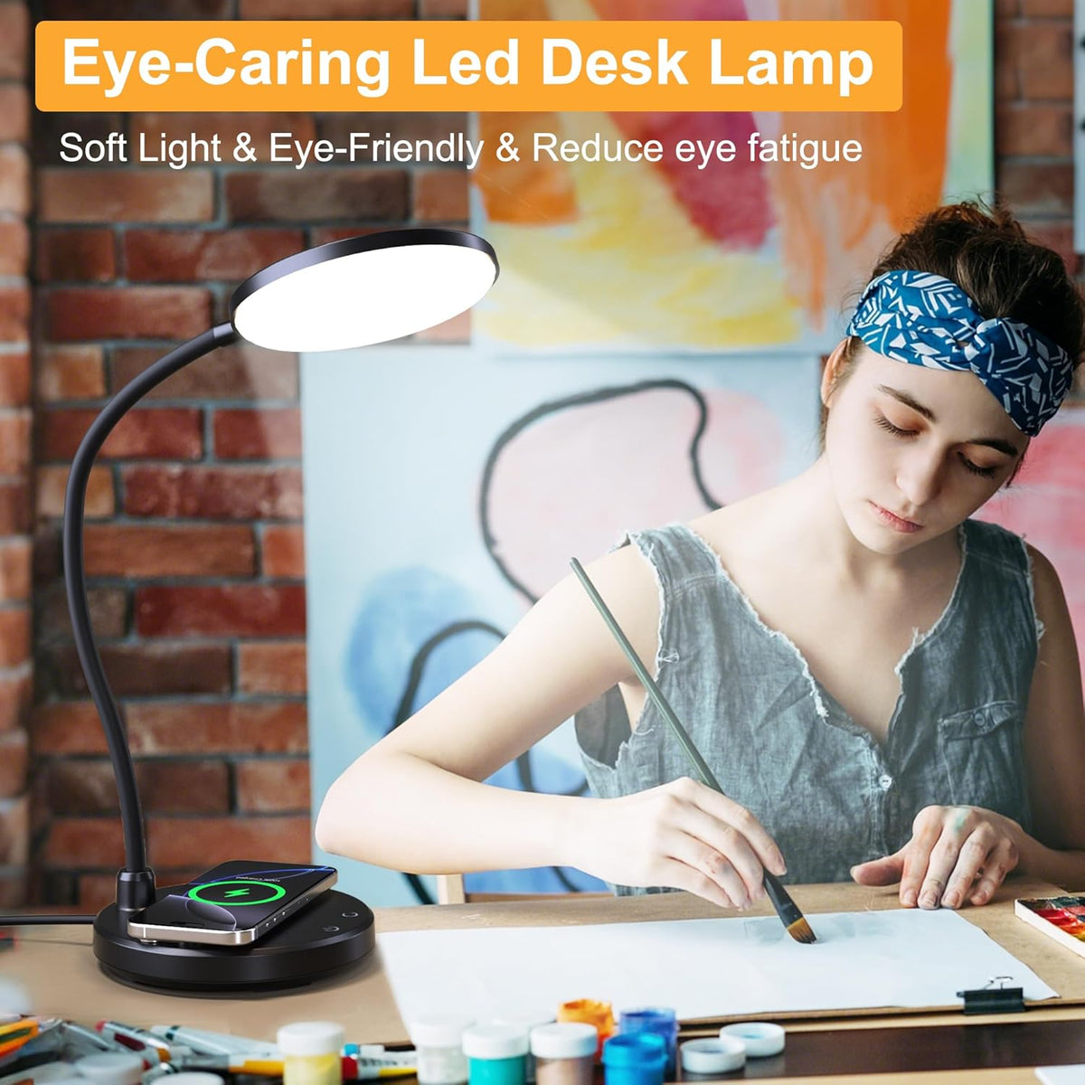 Wireless Charging Desk Lamp for Home Office, 800LM, CRI95+, Black