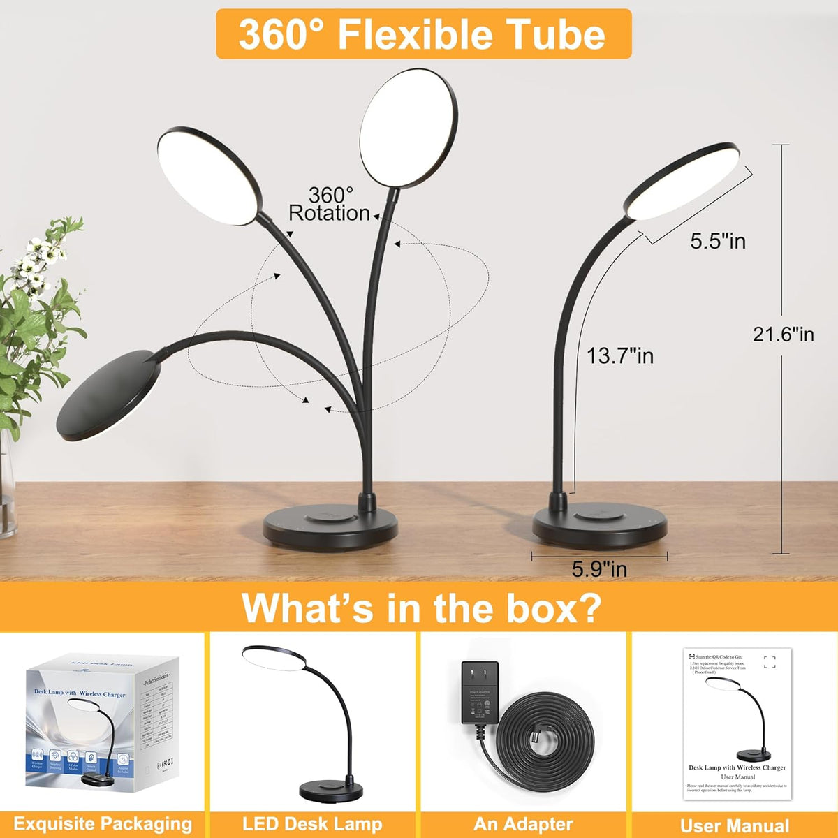 Wireless Charging Desk Lamp for Home Office, 800LM, CRI95+, Black