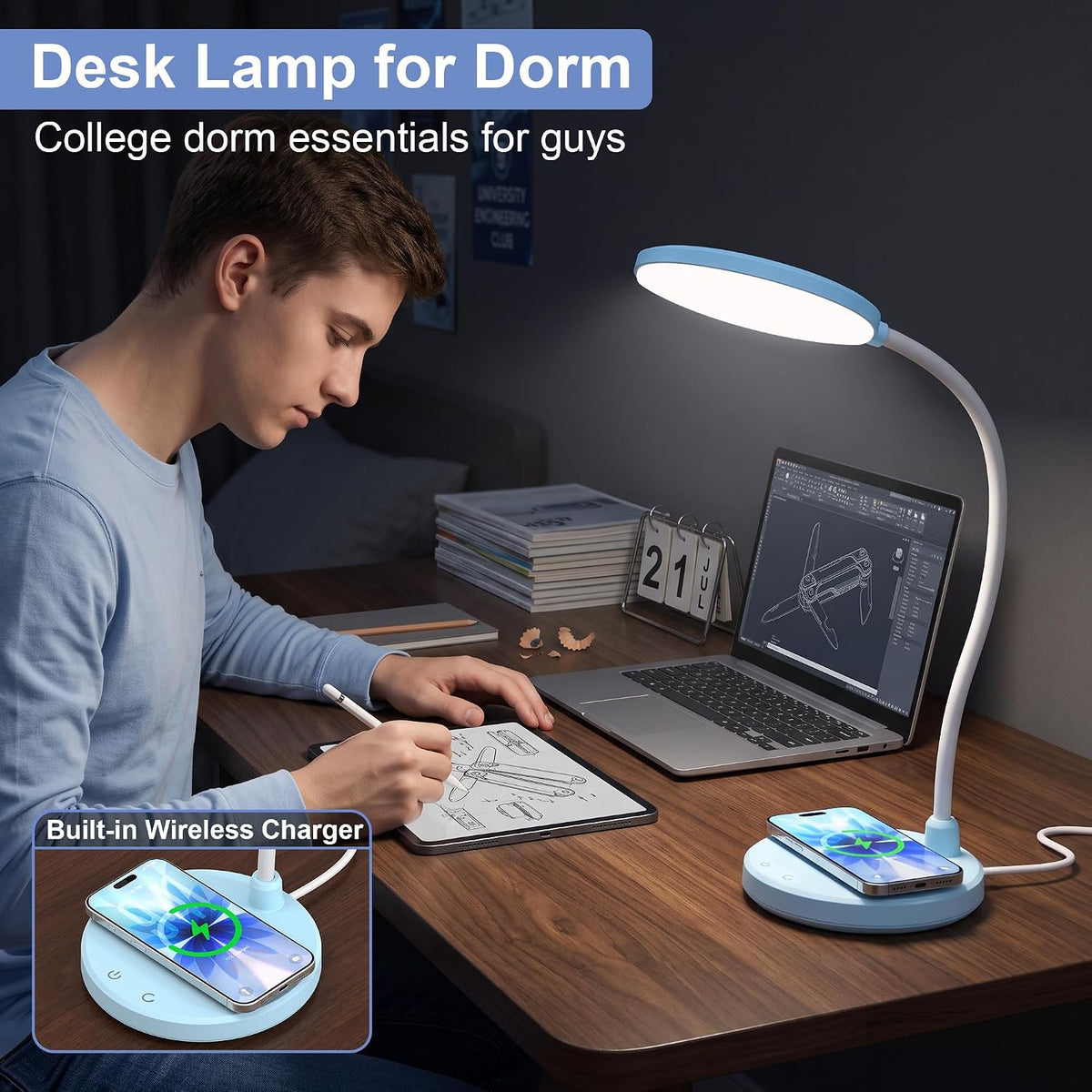 Wireless Charging Desk Lamp for Home Office, 800LM, CRI95+, Black