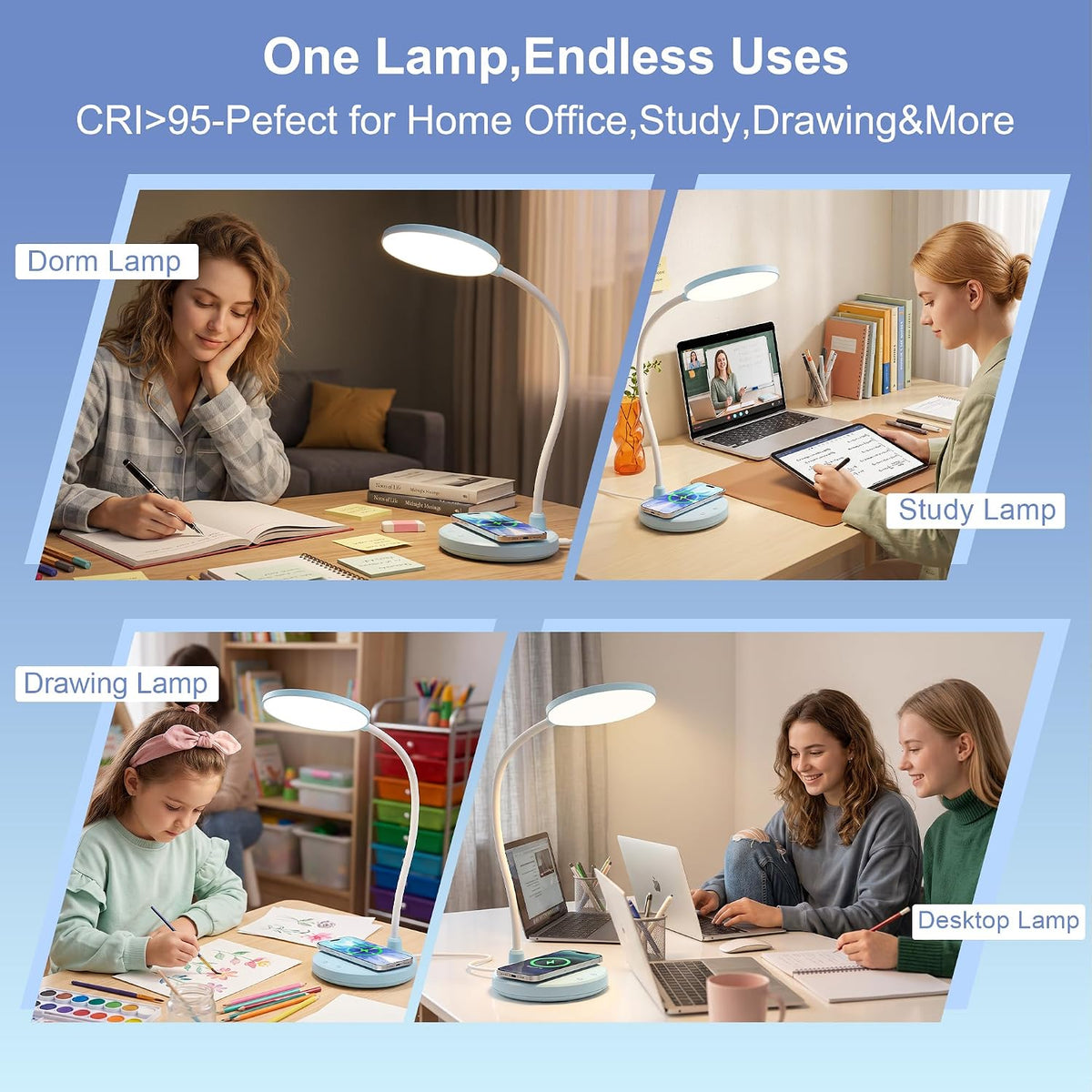 Wireless Charging Desk Lamp for Home Office, 800LM, CRI95+, Black