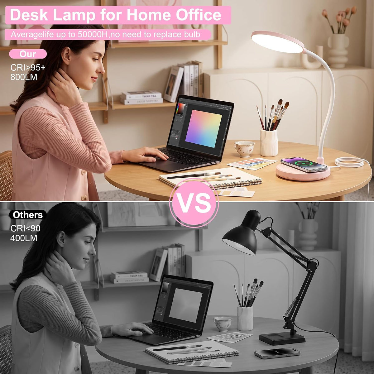 Wireless Charging Desk Lamp for Home Office, 800LM, CRI95+, Black