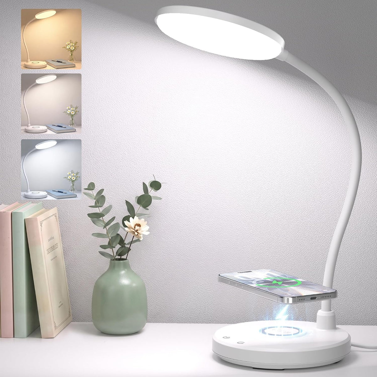 Wireless Charging Desk Lamp for Home Office, 800LM, CRI95+, Black