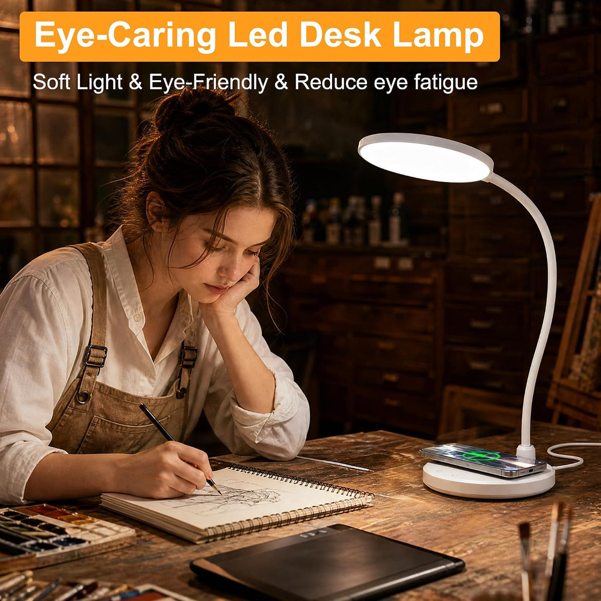 Wireless Charging Desk Lamp for Home Office, 800LM, CRI95+, Black