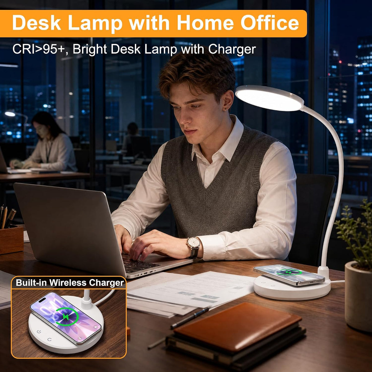 Wireless Charging Desk Lamp for Home Office, 800LM, CRI95+, Black