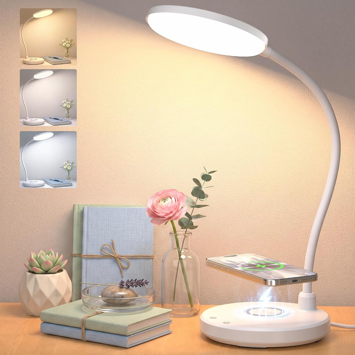 Wireless Charging Desk Lamp for Home Office, 800LM, CRI95+, Black